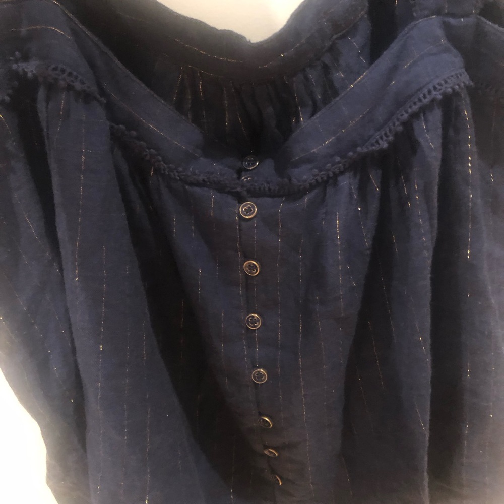 Sezane blue cotton tank with gold threading and back buttons size 42
